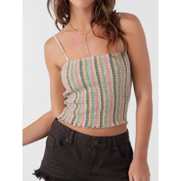 O'Neill Drez Beachbound Stripe Smocked Stretch Tank Top Size Medium NWT - Picture 1 of 11